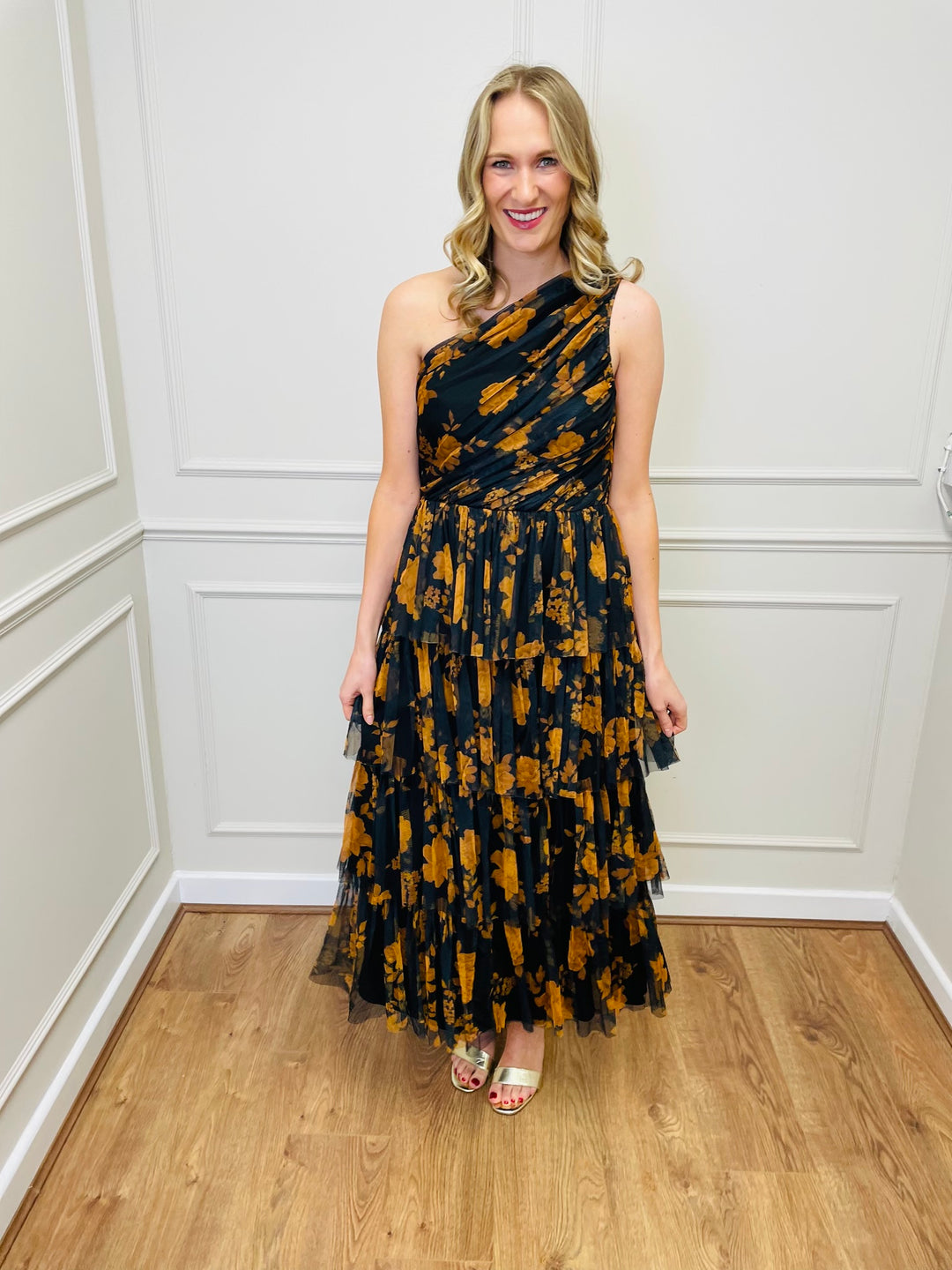 "STACEY" One Shoulder Tiered Dress-Black & Orange