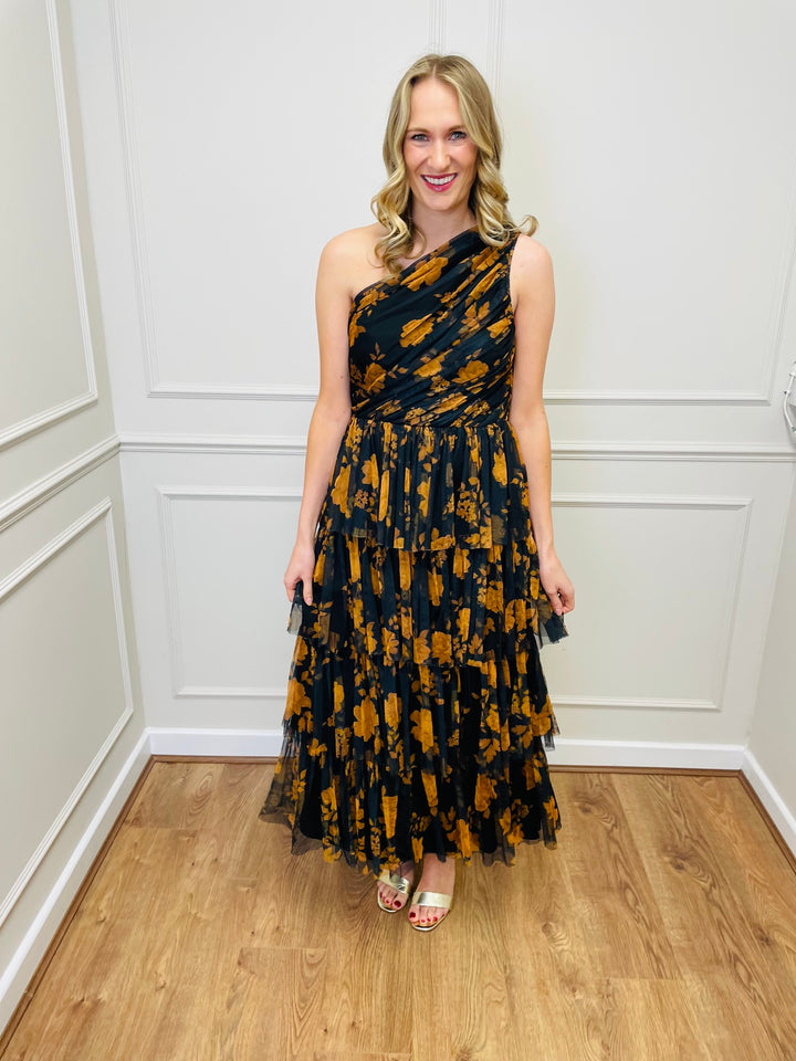 "STACEY" One Shoulder Tiered Dress-Black & Orange