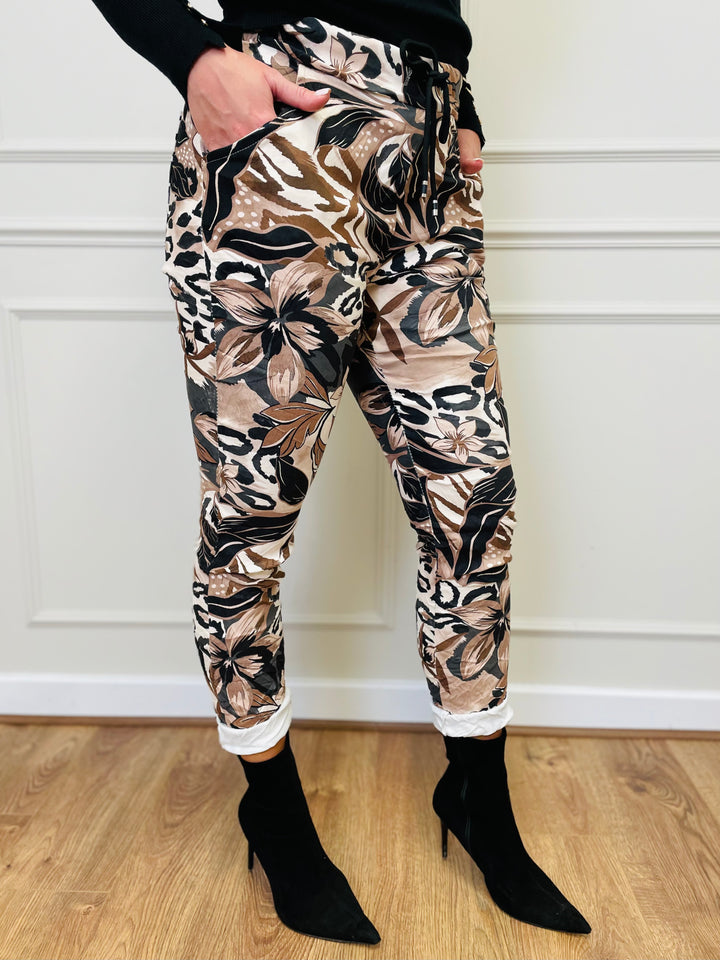 "CARMELA" Animal & Floral Print Trouser-Brown & Cream