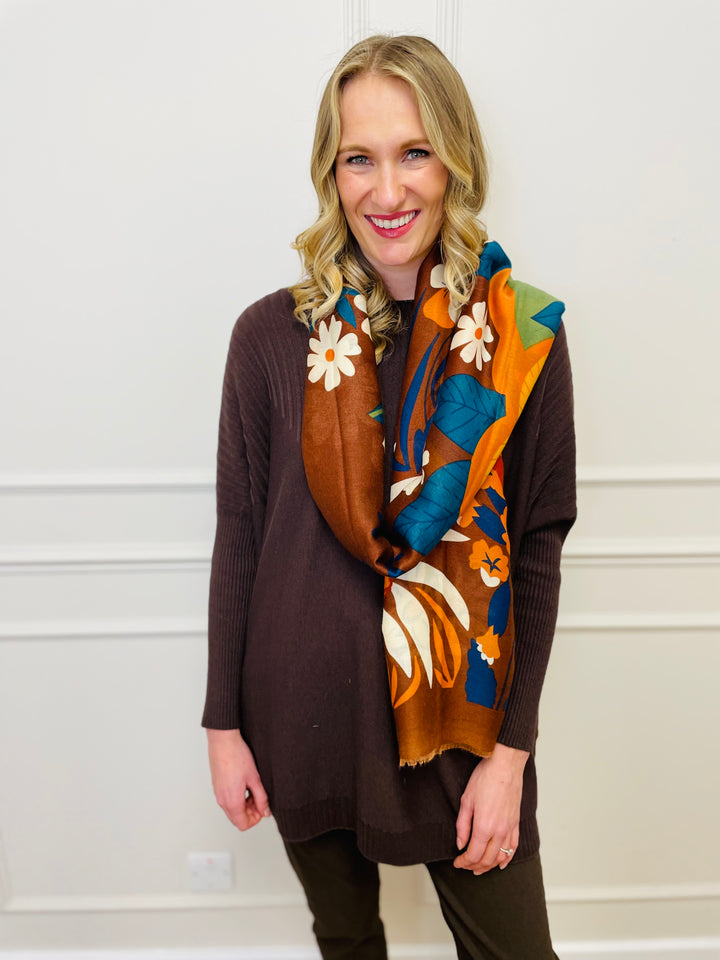 No.117 Floral Print Scarf-Tan & Multicolour