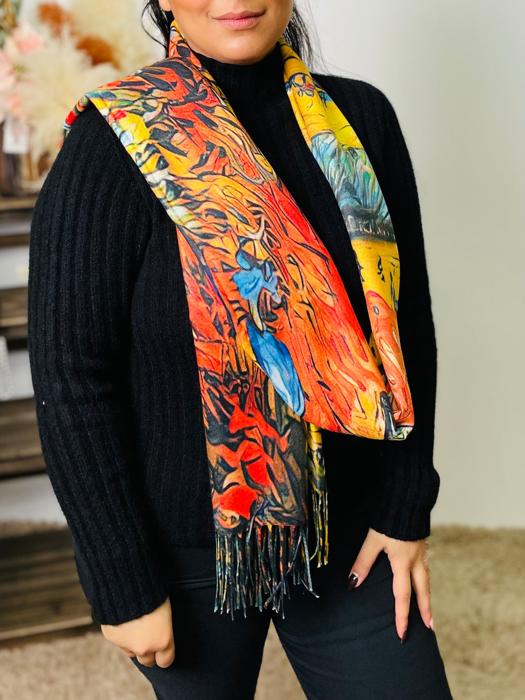 No.63 Artistic Print Scarf-Orange & Multicolour