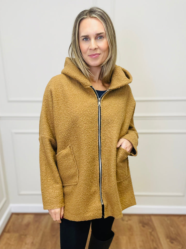 "ARLENE" Hooded Zip Coat-Camel