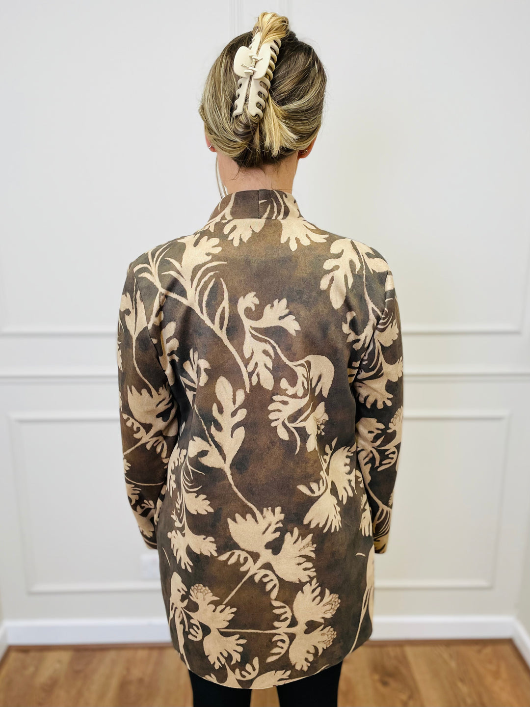 "PAULA" Floral Print Waterfall Jacket-Tan & Brown