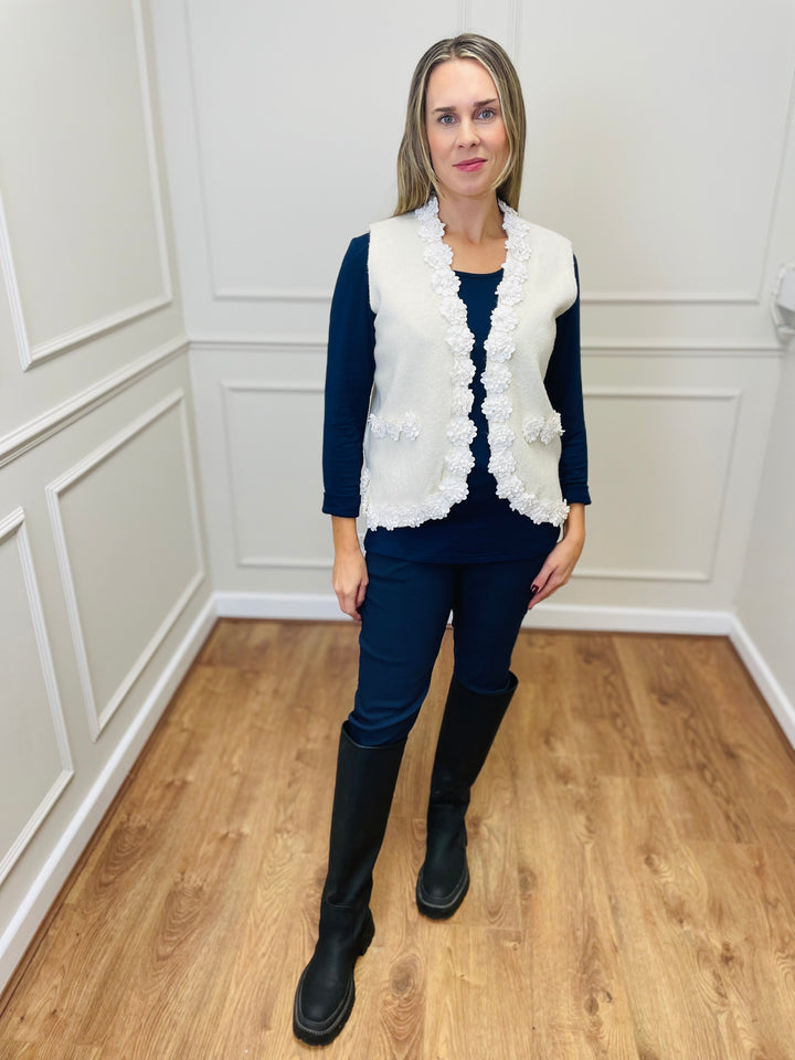 "MAGI" Floral Trim Gilet-Cream