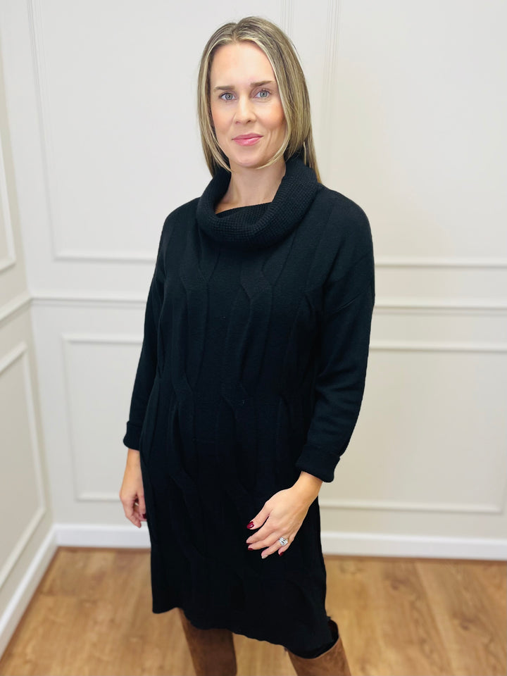 "BELINDA" Cable Knit Roll Neck Dress-Black