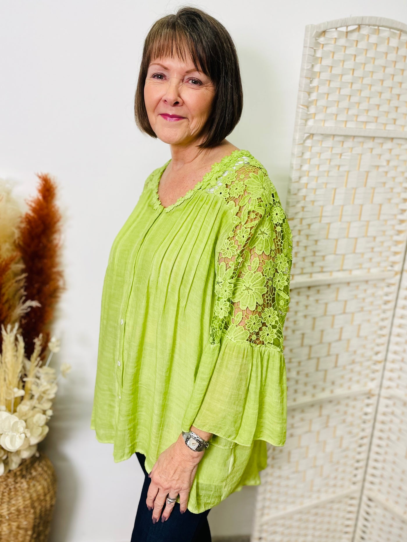 "GABBY” Lace Shirt-Lime Green