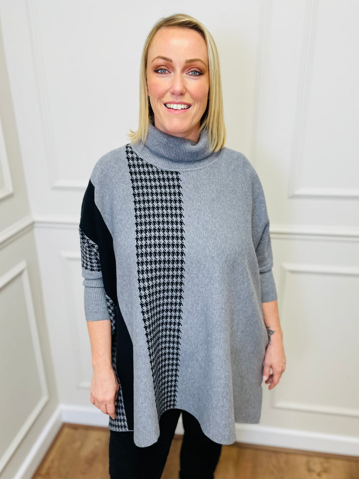 "DANIELA" Houndstooth Print Poncho-Grey & Black