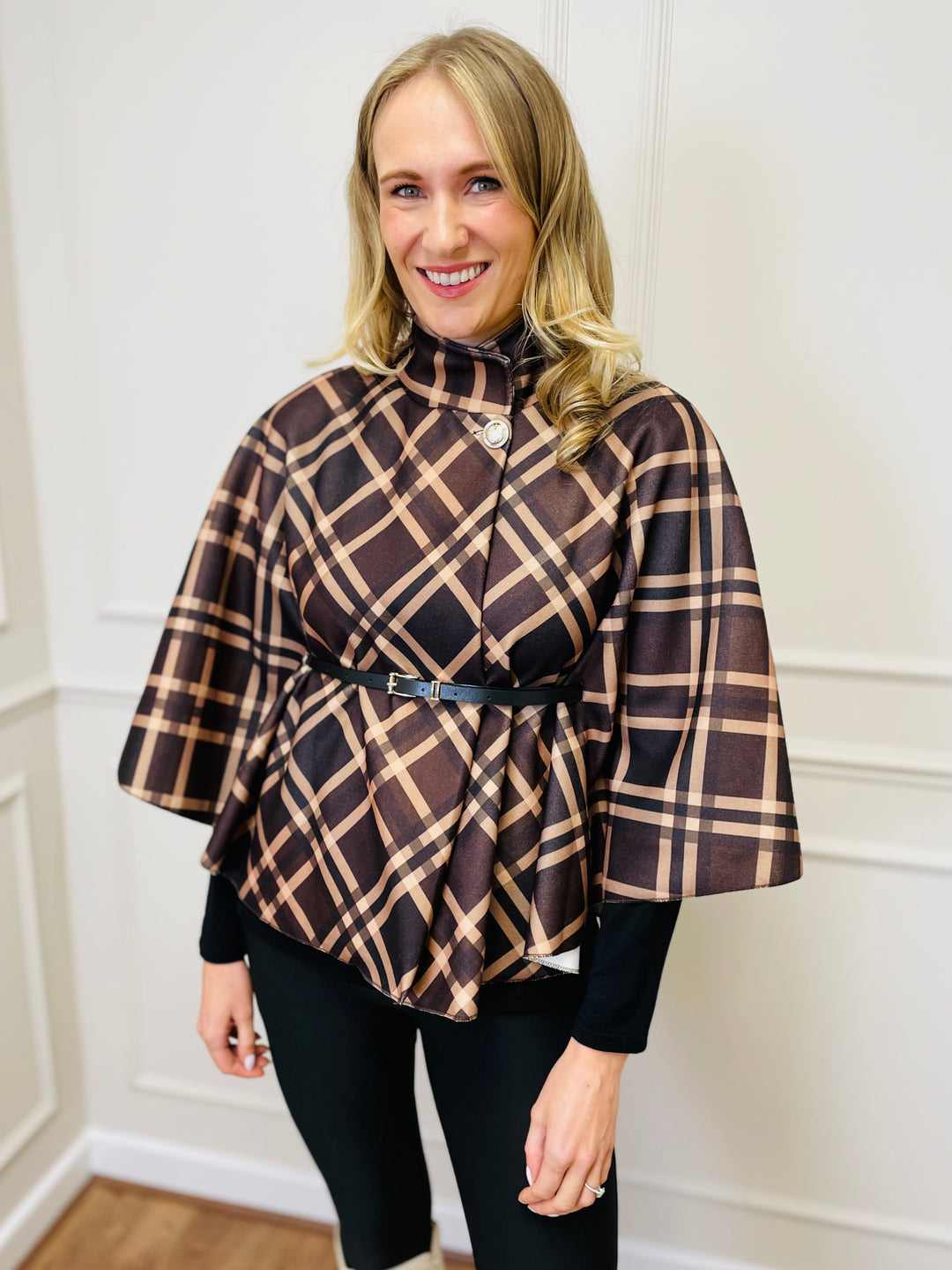 "LORELAI" Check Print Cape Coat-Brown & Tan