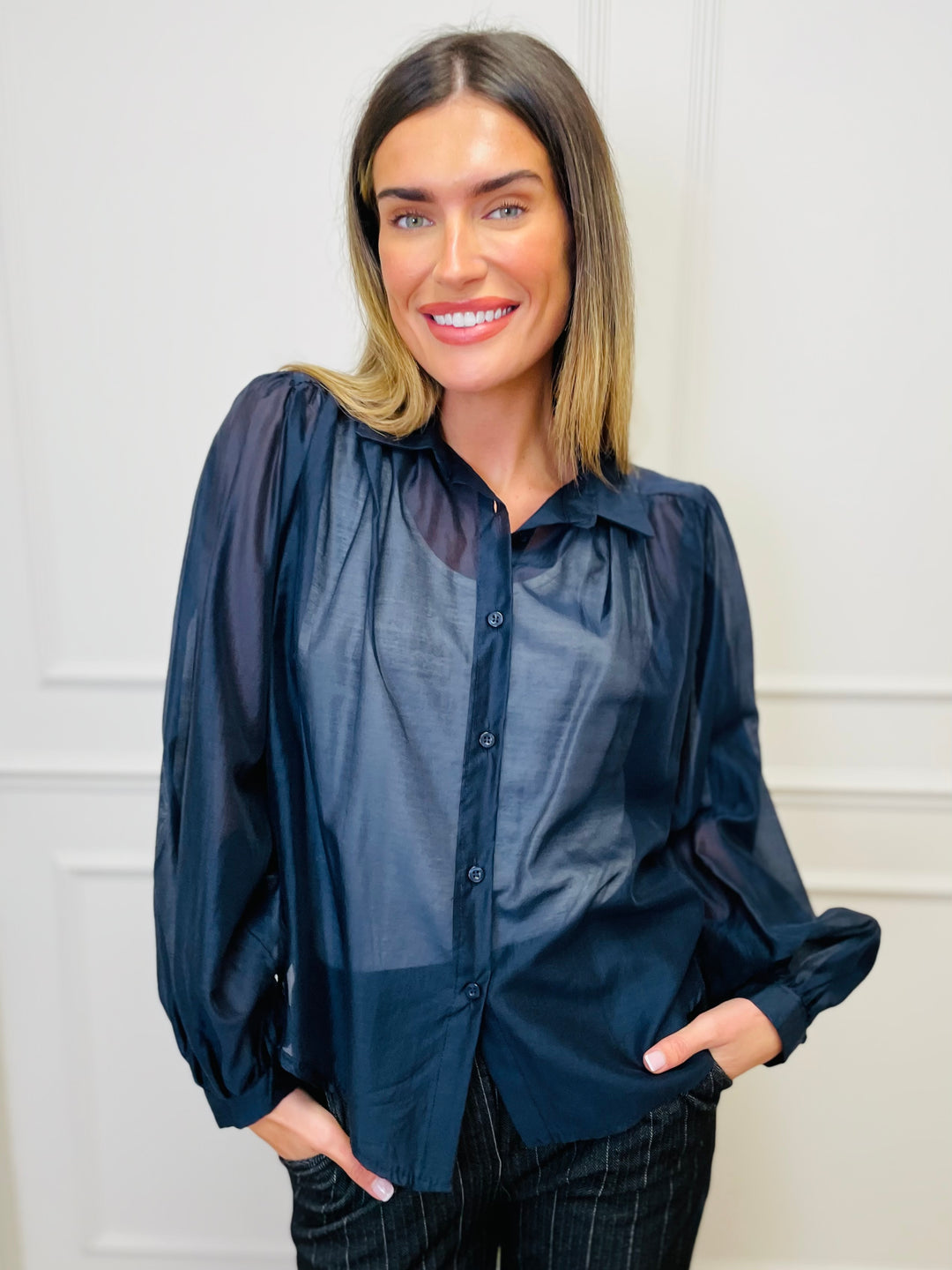 "AMELIA” Sheer Shirt-Navy