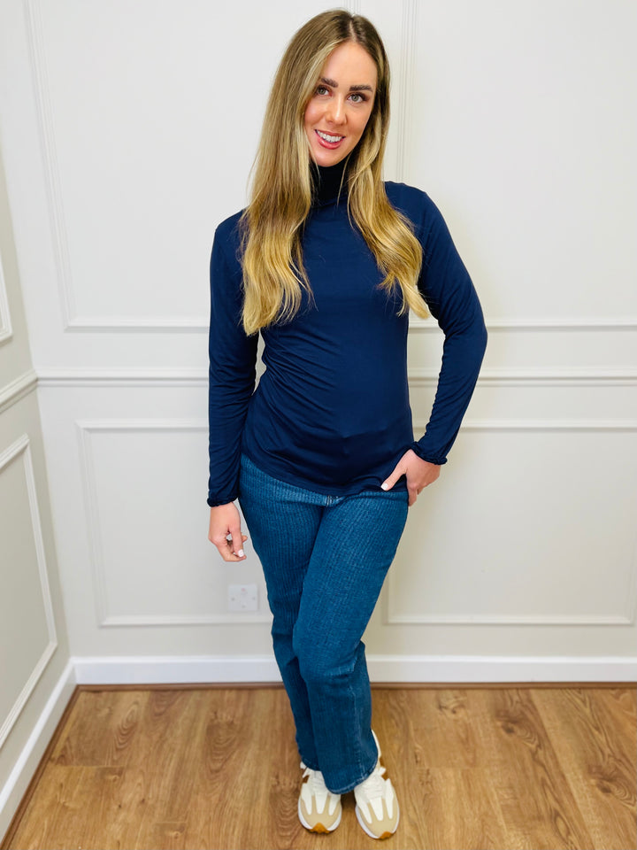 "LIVIA" Ruffle Polo Neck Top-Navy