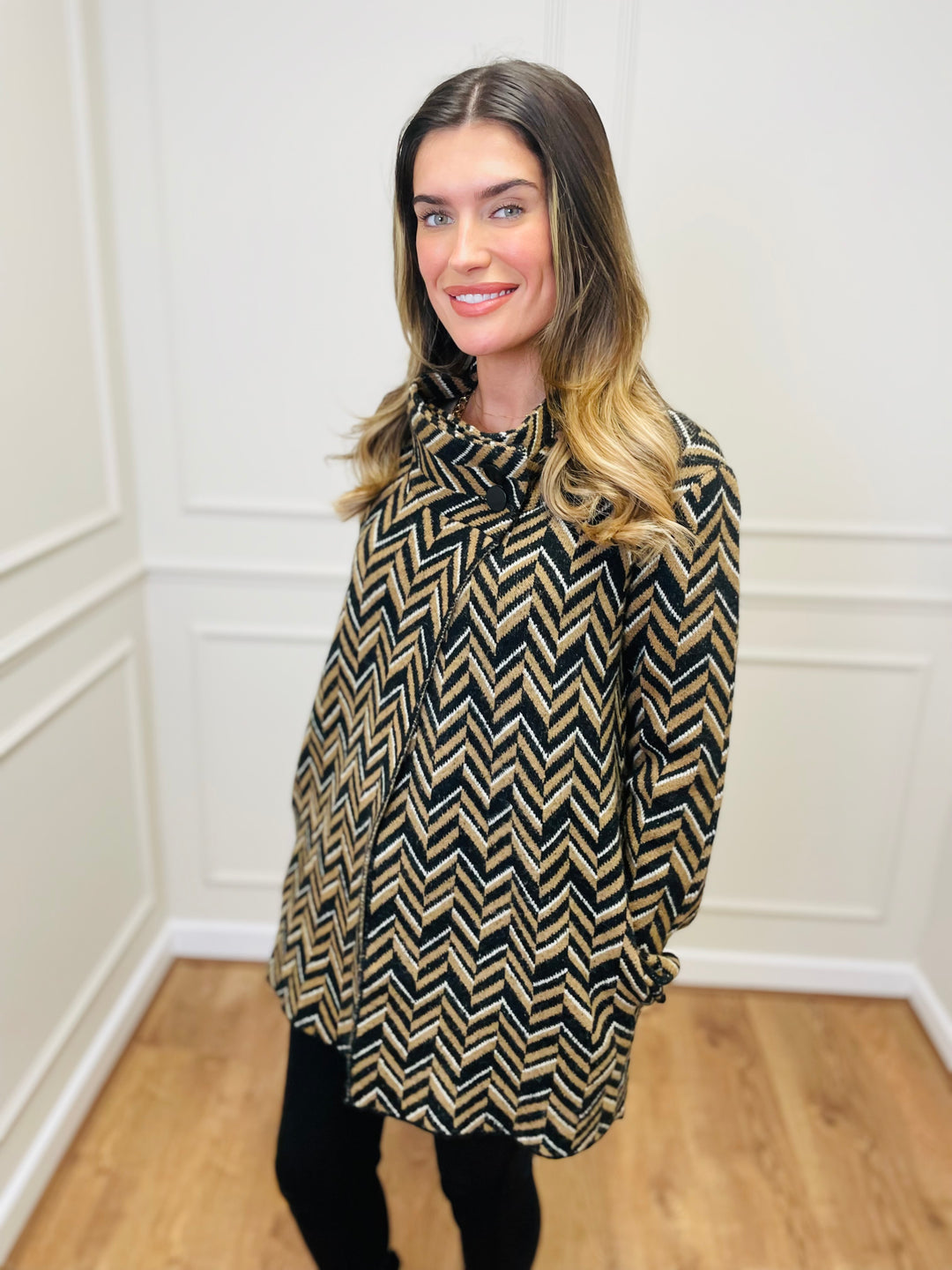 "CELINE" Chevron Coatigan-Black & Tan