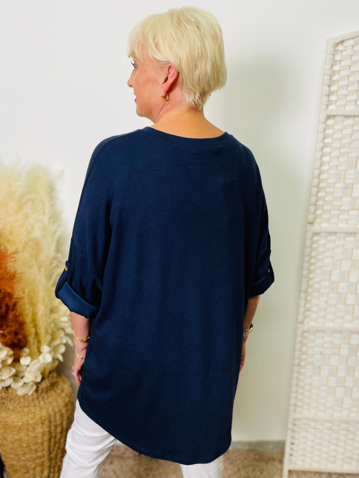 "CLARA" Long Sleeve Fine Knit-Navy