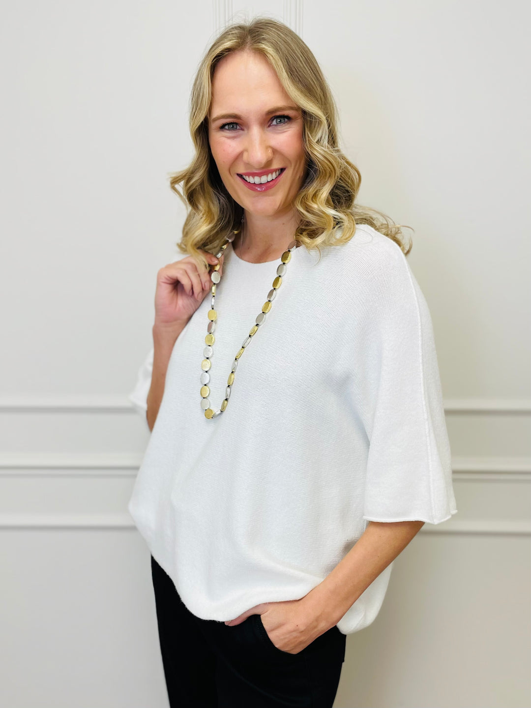 "ALICE” Short Sleeve Fine Knit-White