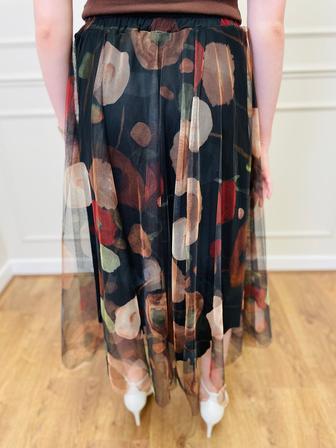 "IZZY" Floral Print Tulle Skirt-Black & Multicolour