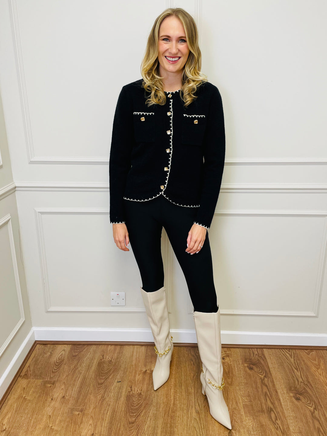 "HELENA" Two Tone Cardigan-Black & Cream