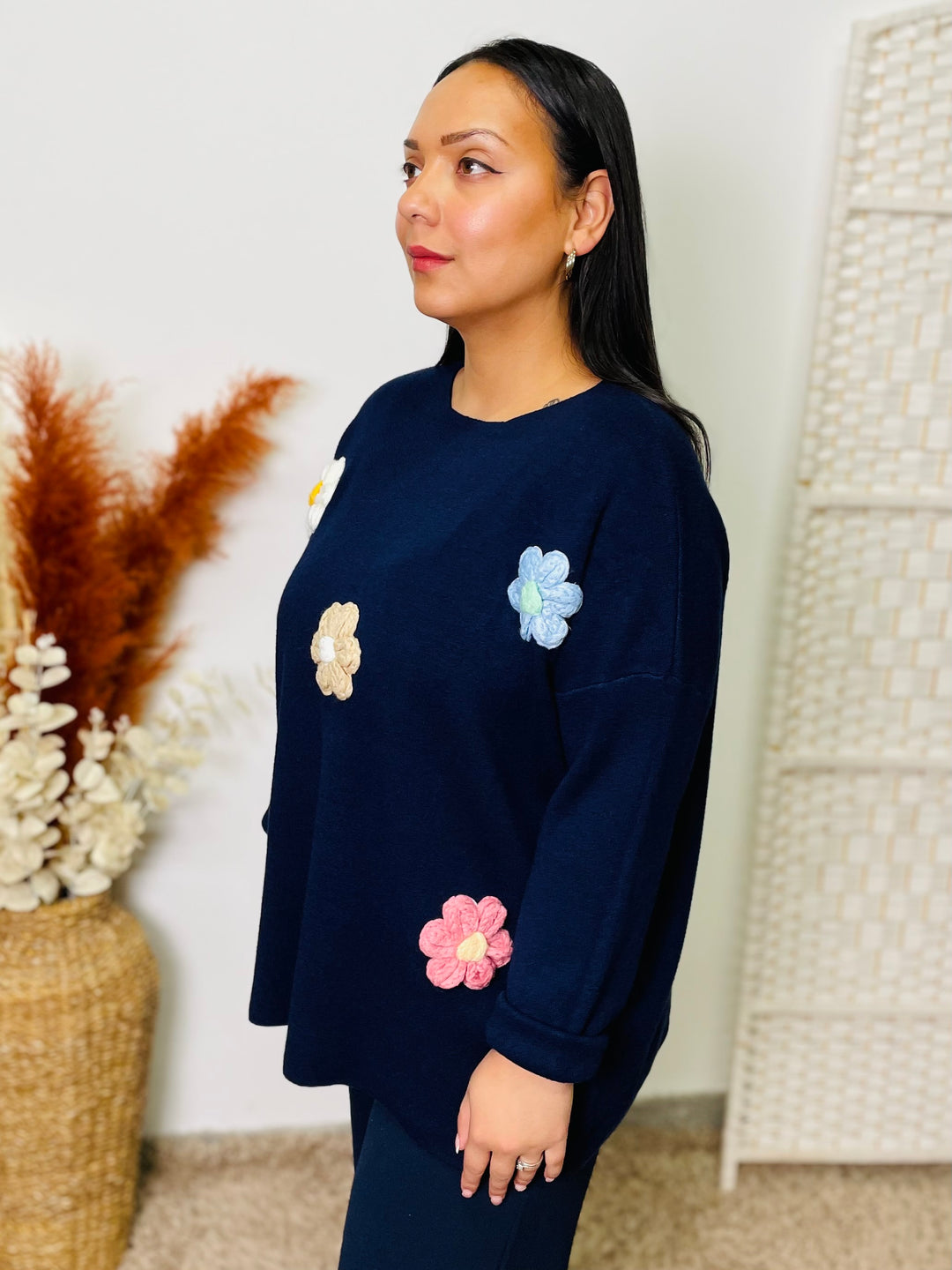 "ROSE" Textured Floral Jumper-Navy