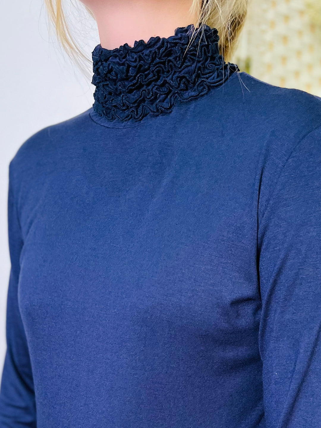 "LIVIA" Ruffle Polo Neck Top-Navy