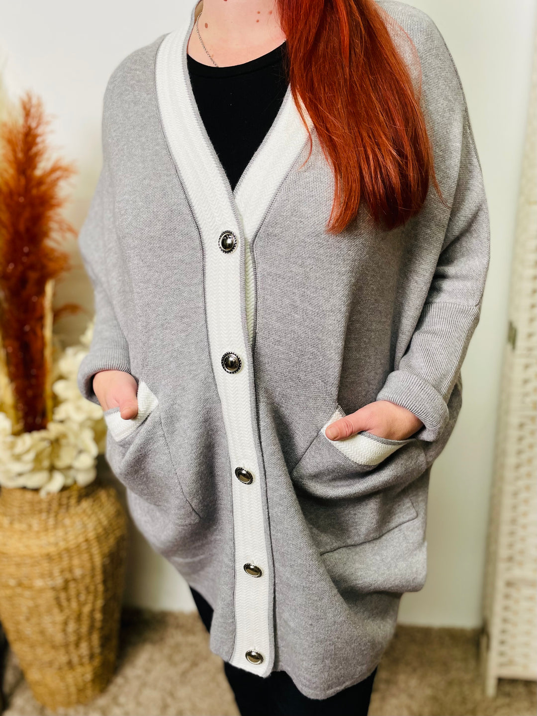 "MORGAN” Two Tone Cardigan-Silver & White