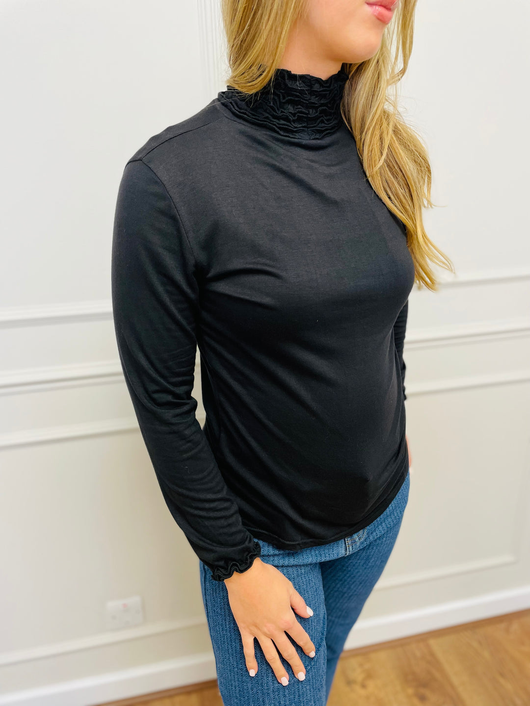 "LIVIA" Ruffle Polo Neck Top-Black