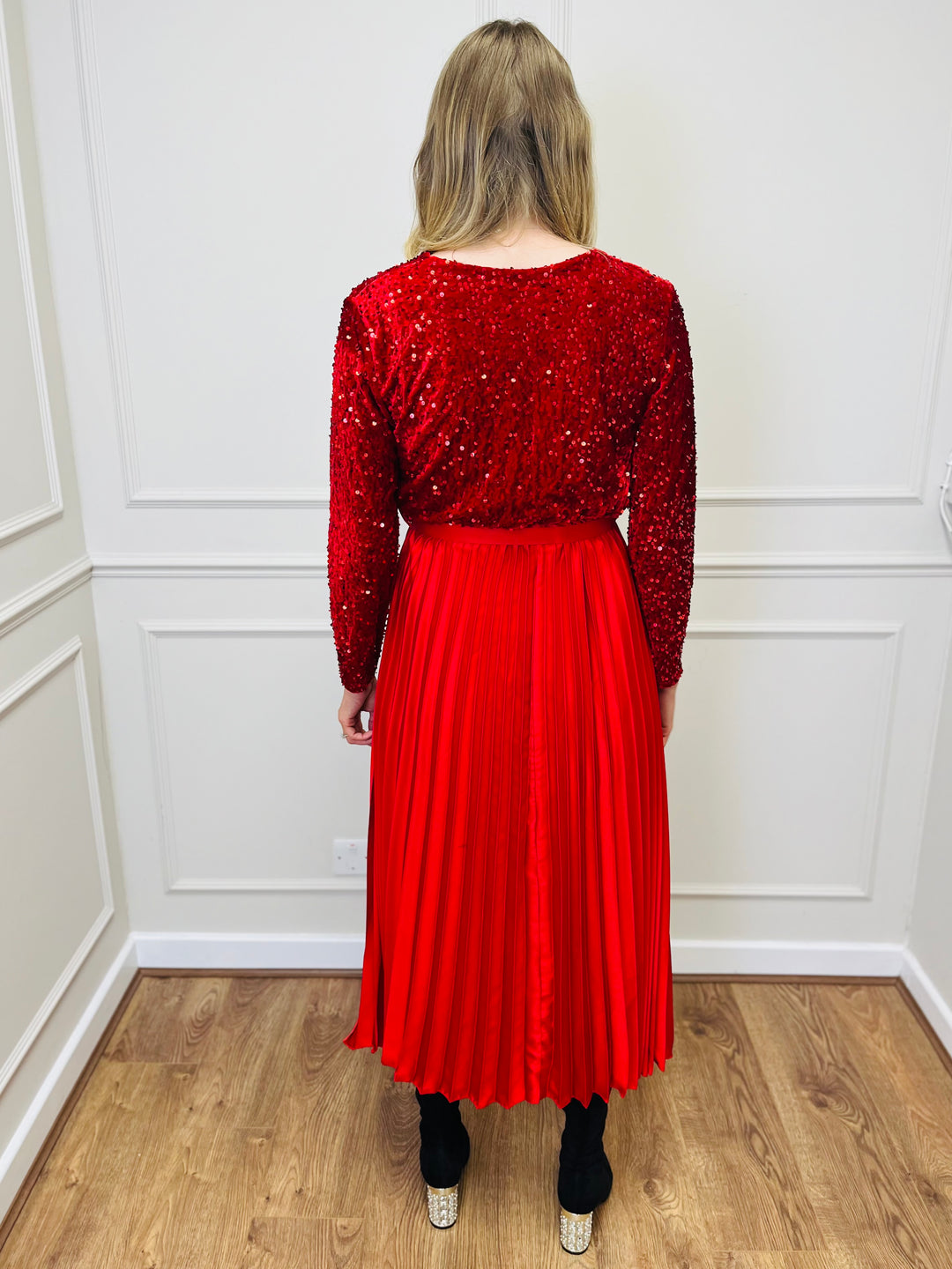 "ROSALIE" Pleated Dress-Red