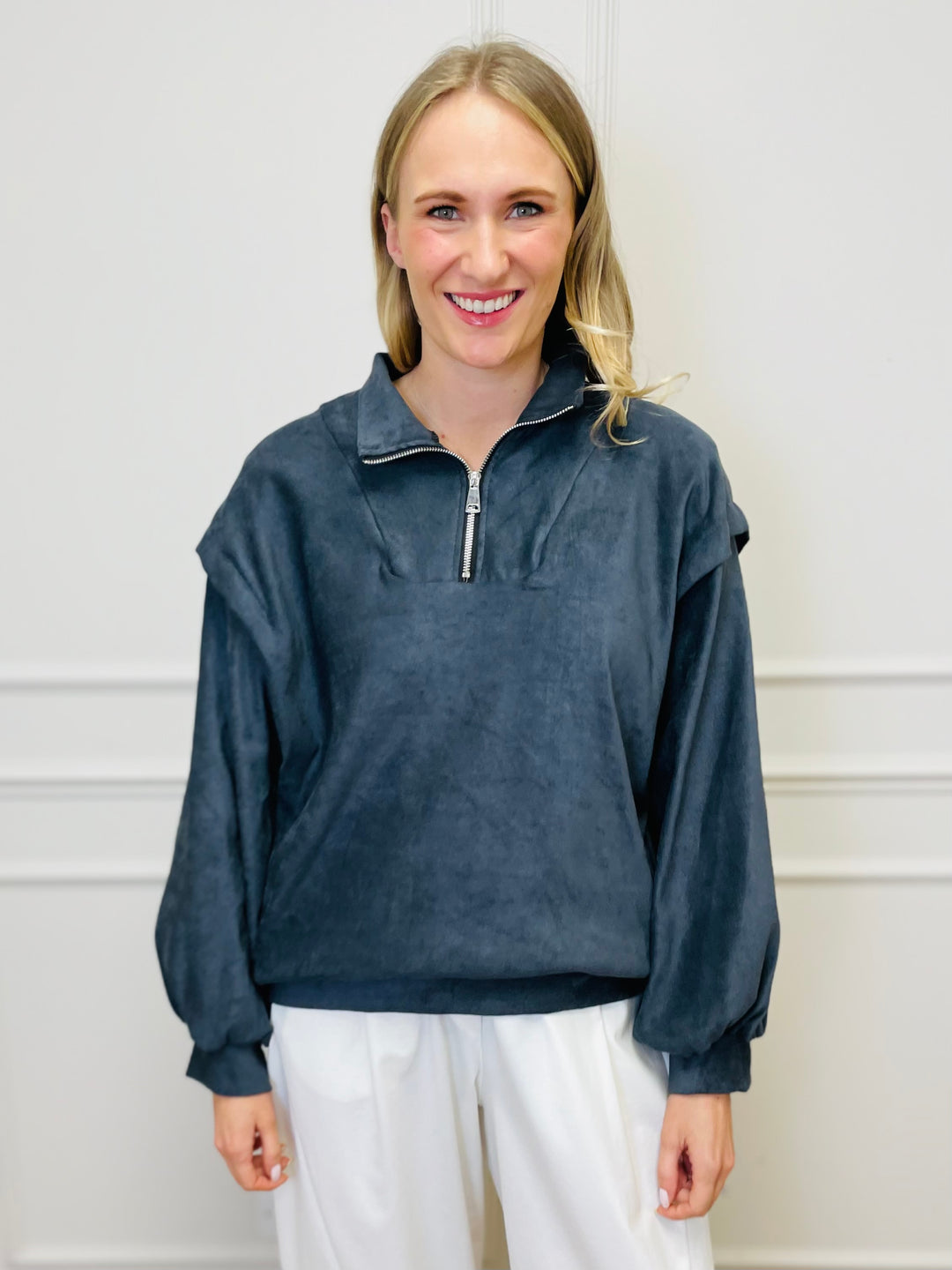 "BEATRICE" Half Zip Top-Grey