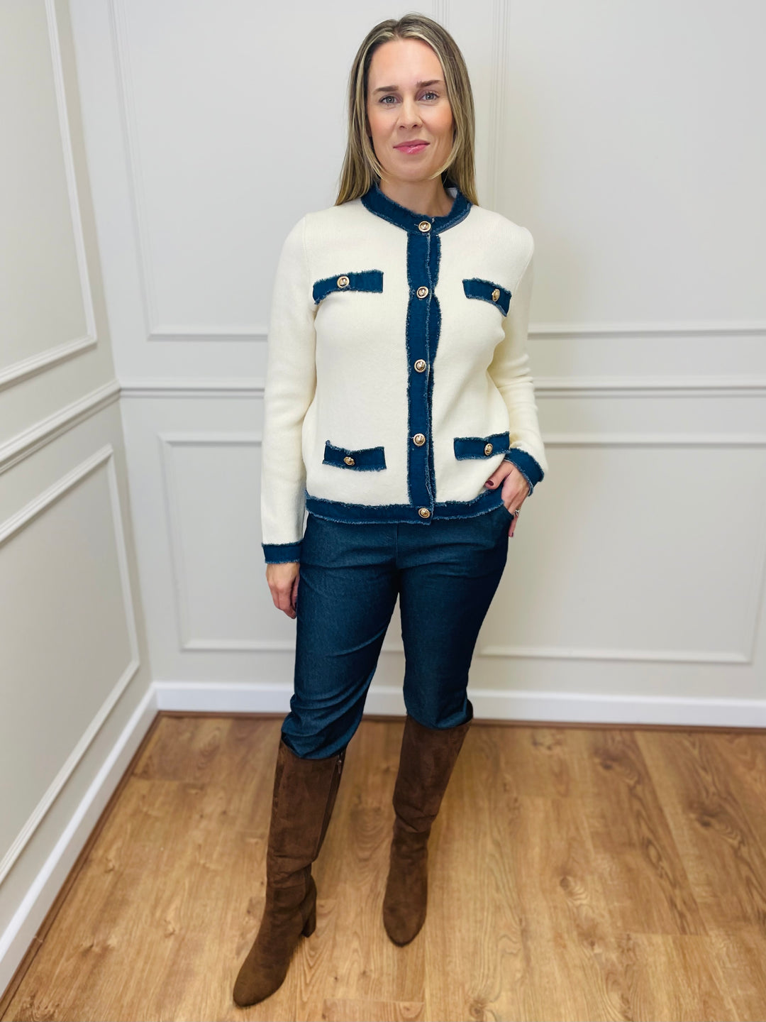 "COCO" Contrast Trim Jacket-Cream & Dark Denim