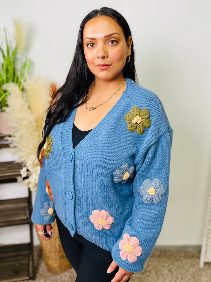 "ARIZONA" Floral Cardigan-Denim Blue