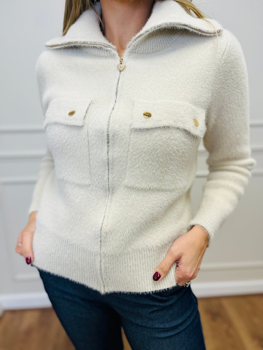 "ERICA" Zip Bomber Jacket-Cream