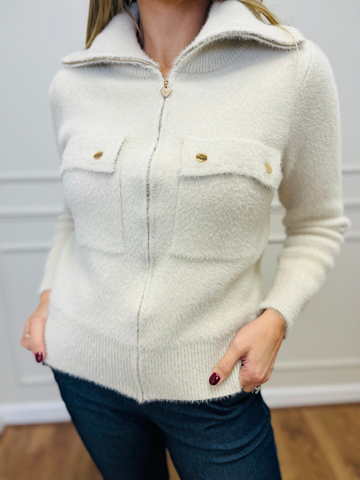 "ERICA" Zip Bomber Jacket-Cream