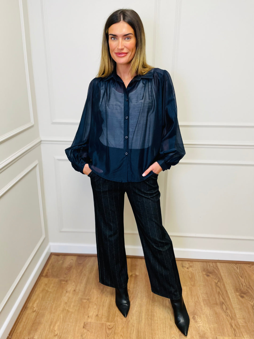 "AMELIA” Sheer Shirt-Navy