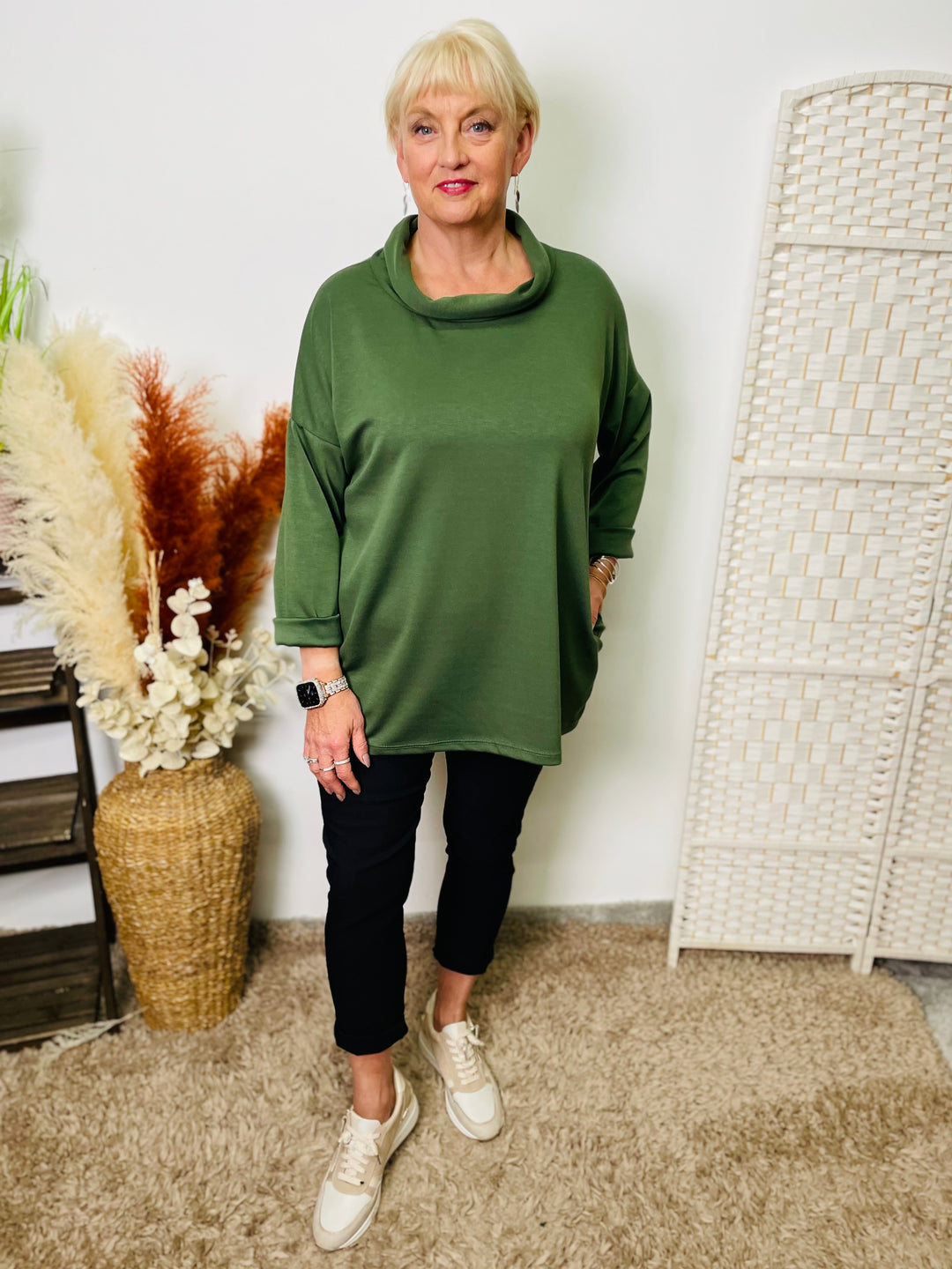 "CANDICE" Cowl Neck Top-Khaki Green