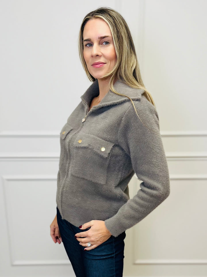 "ERICA" Zip Bomber Jacket-Mocha