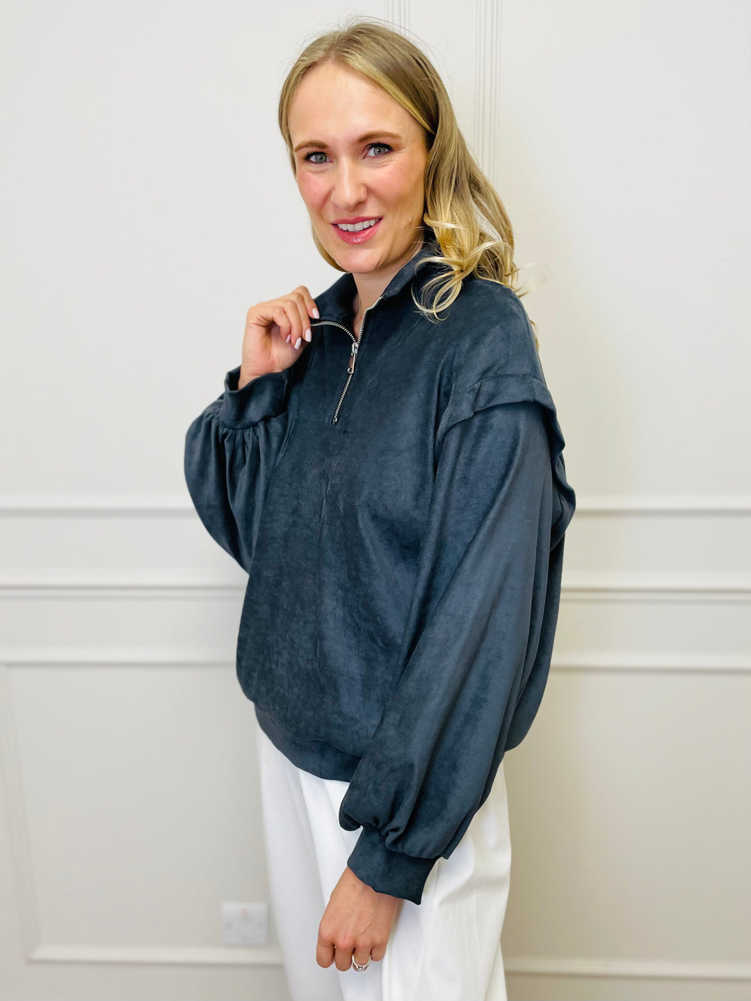 "BEATRICE" Half Zip Top-Grey