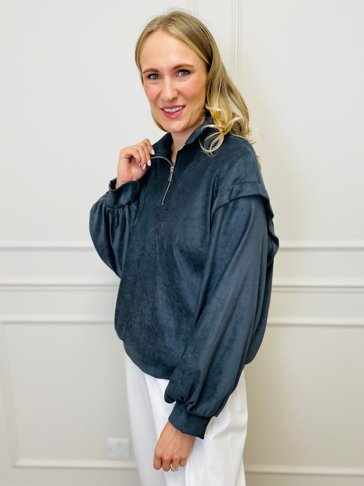 "BEATRICE" Half Zip Top-Grey