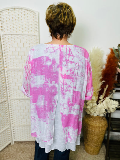 "LARISSA" Artistic Print Blouse-White & Bubblegum Pink