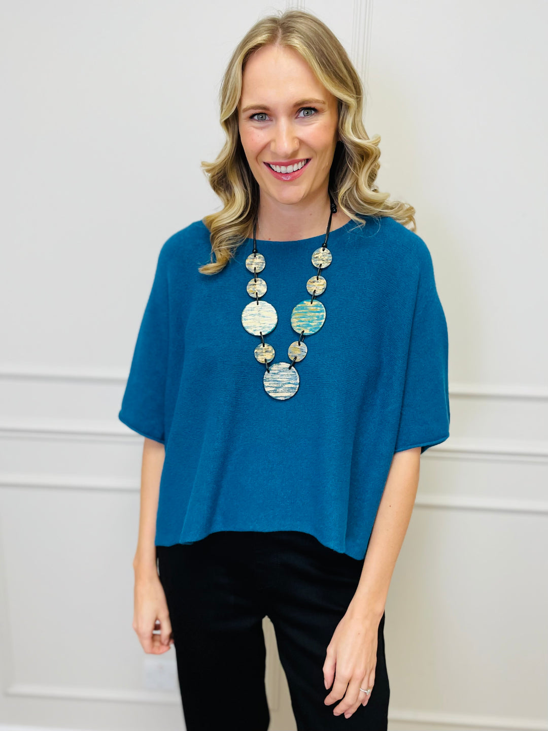 "ALICE” Short Sleeve Fine Knit-Teal