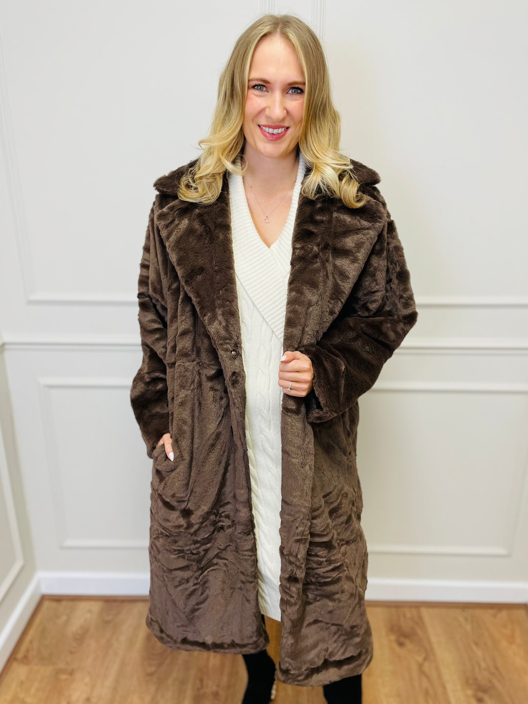 "NATALIA" Longline Fur Coat-Brown