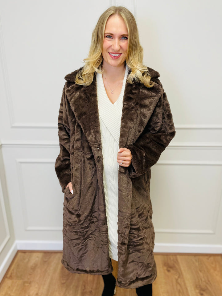 "NATALIA" Longline Fur Coat-Brown