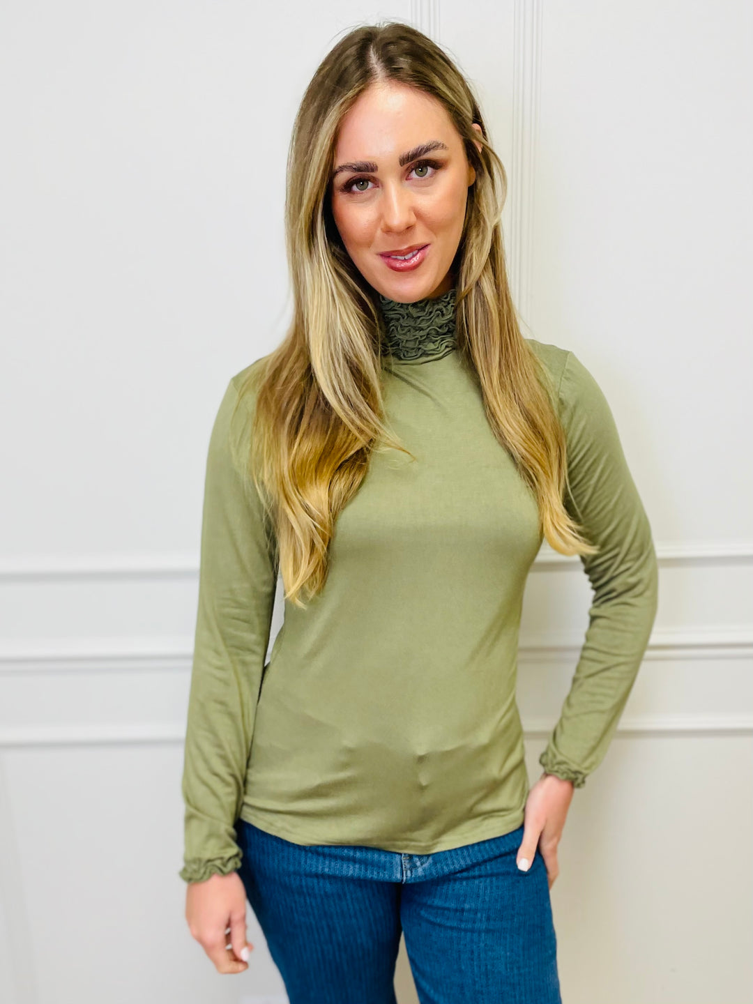 "LIVIA" Ruffle Polo Neck Top-Green