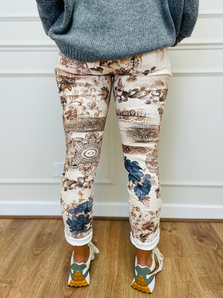 "CARMELA" Artistic Print Trouser-Cream/Tan & Grey