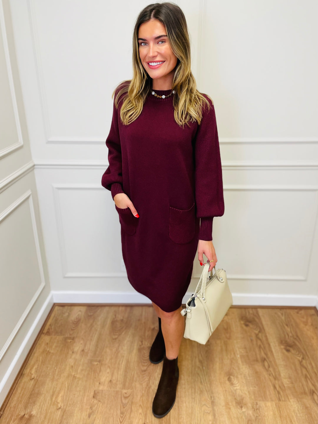 "TAYLOR" Pocket Knit Midi Dress-Burgundy