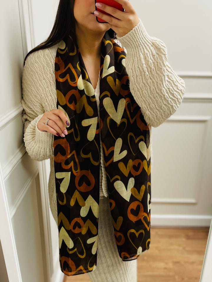No.112 Heart Print Scarf-Brown & Cream