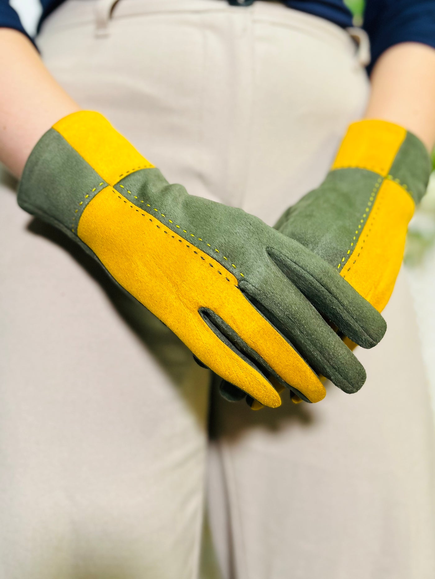 Block Print Gloves-Mustard & Green