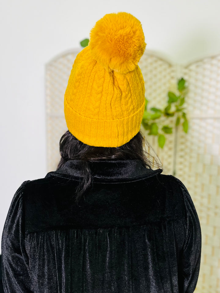 Mustard Knit Faux Fur Pom Hat