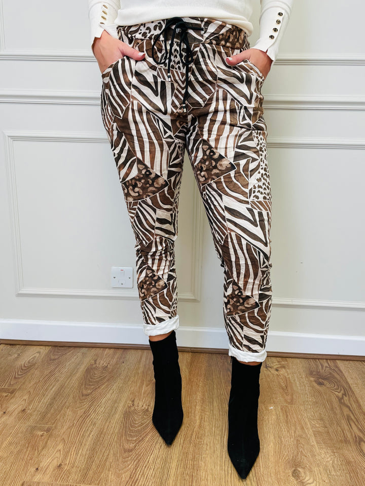 "CARMELA" Animal Print Trouser-Brown & Cream