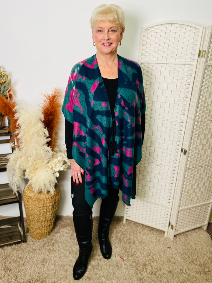 "TRIXIE" Artistic Print Kimono-Teal & Pink