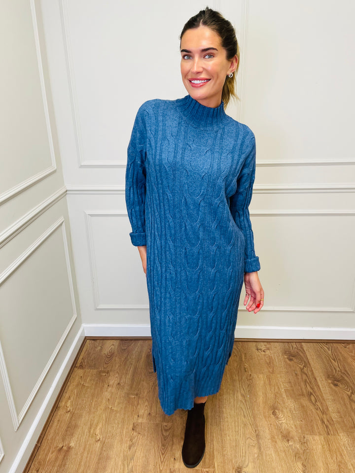 "ELY" Cable Knit Midi Dress-Denim Blue