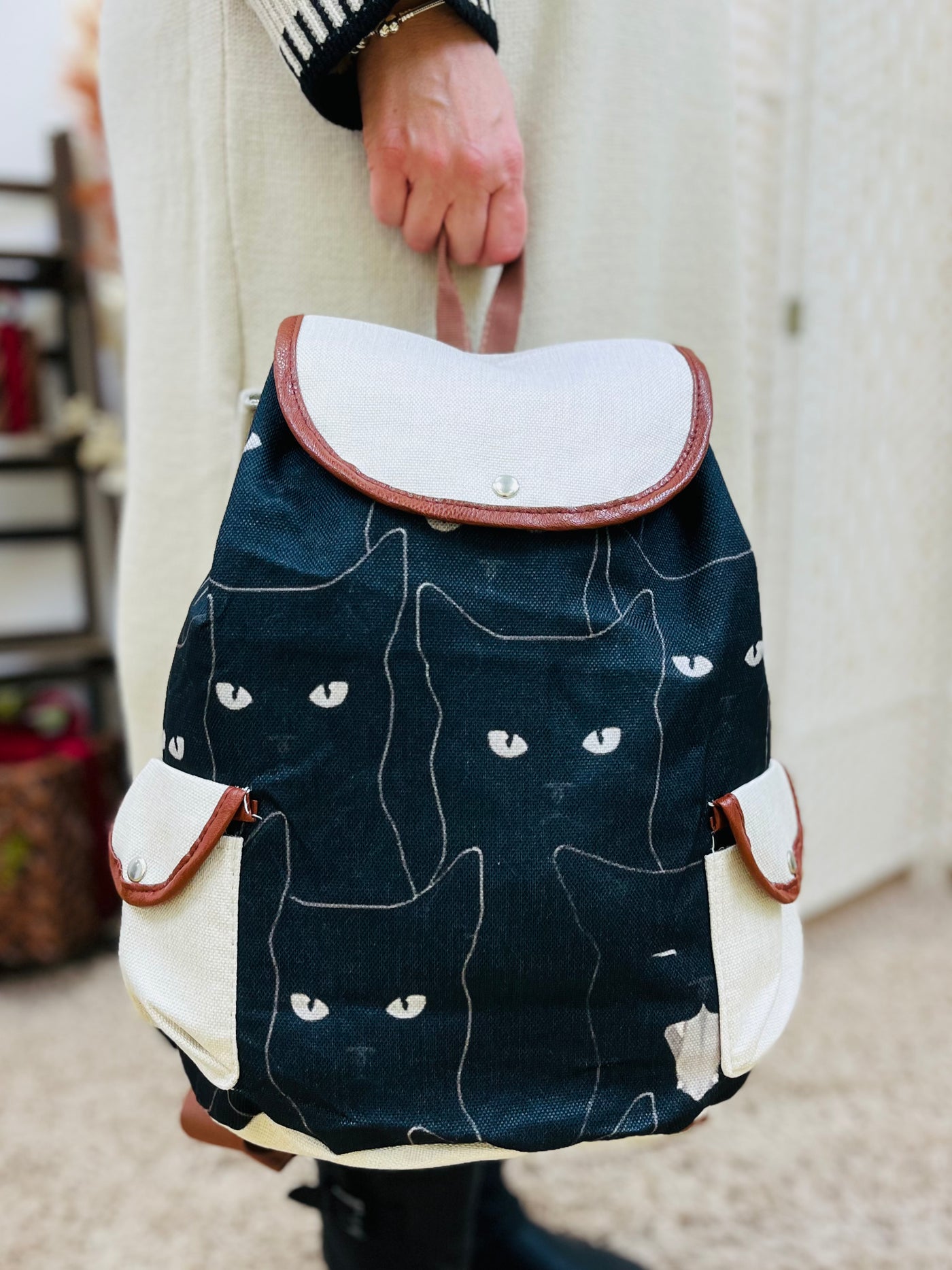 Cat Backpack-Black & Cream