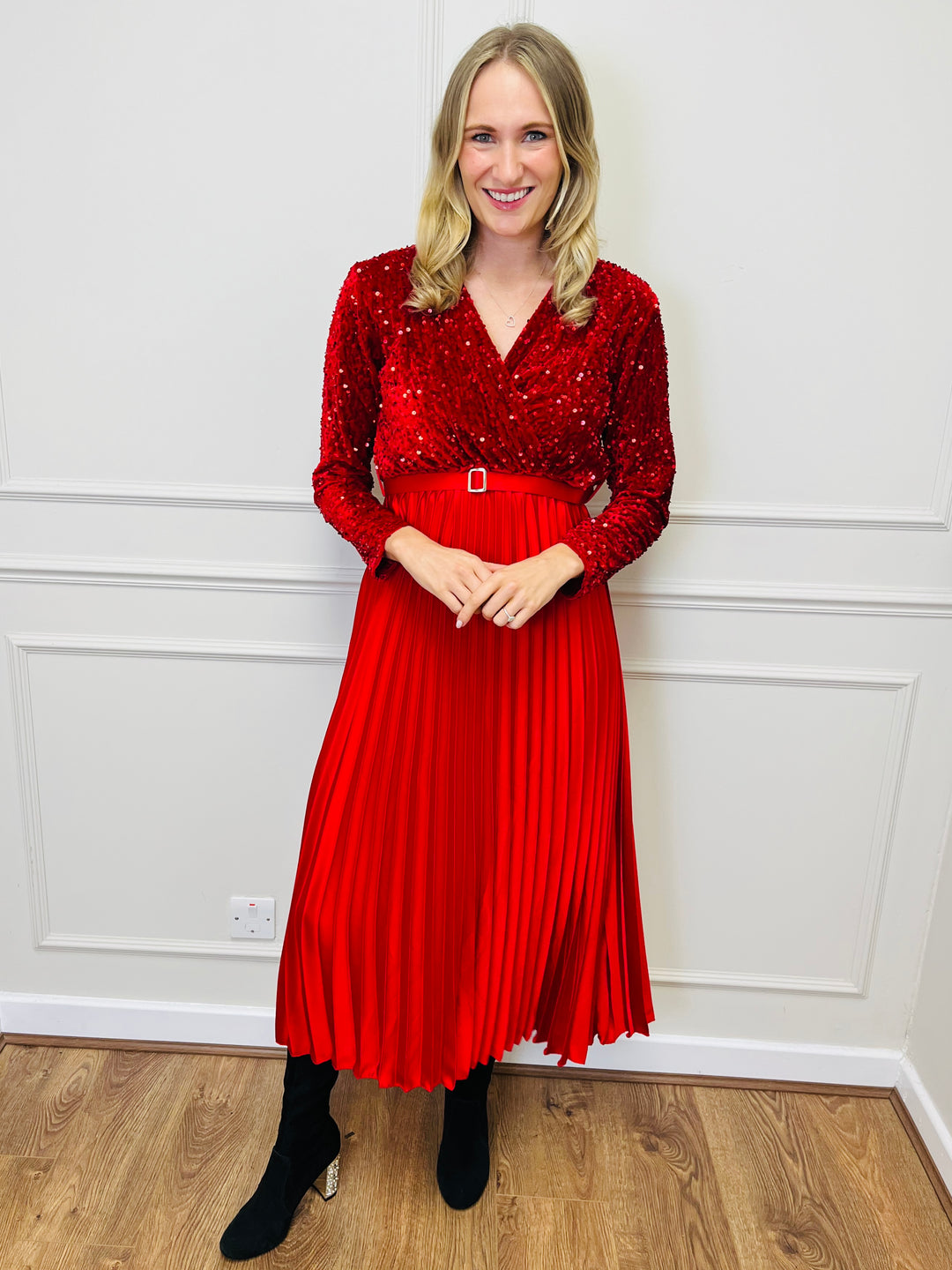 "ROSALIE" Pleated Dress-Red