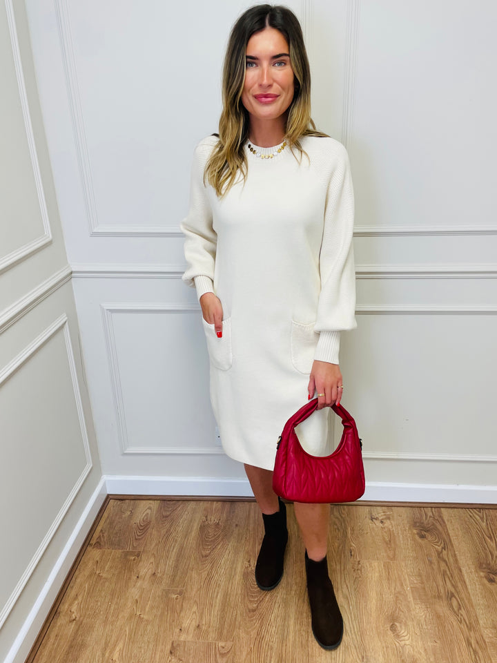 "TAYLOR" Pocket Knit Midi Dress-Cream